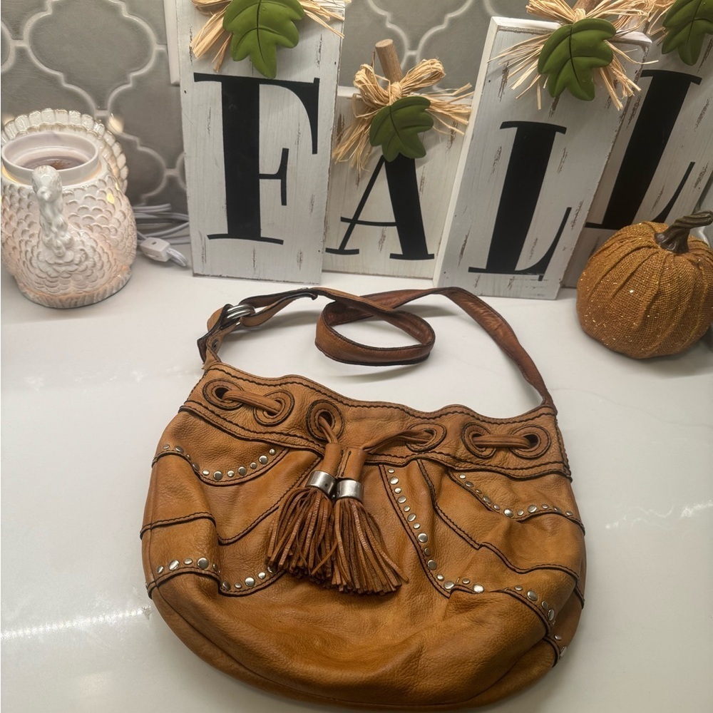 Fossil Leather Studded Tassel Hobo Bag